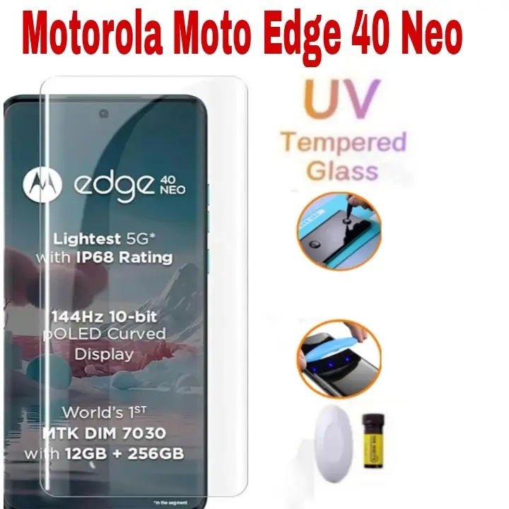 Picture of For Motorola Moto Edge 40 Neo (A+ GRADE) Premium UV Tempered Glass Screen Protector Curved with Liquid Glue and UV Light -Transparent Clear