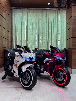 Picture of Kids Rechargeable R15 Electric Bike with Key Start, Hand Pickup, Foot Brake, Music & LED Lighting Wheels –12V Battery Powered & Double Motor Ride-On Motorcycle for Children Age 4–15 Years