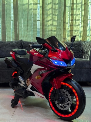 Picture of Kids Rechargeable R15 Electric Bike with Key Start, Hand Pickup, Foot Brake, Music & LED Lighting Wheels –12V Battery Powered & Double Motor Ride-On Motorcycle for Children Age 4–15 Years