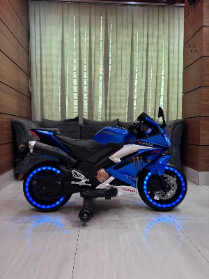 Picture of Kids Rechargeable R15 Electric Bike with Key Start, Hand Pickup, Foot Brake, Music & LED Lighting Wheels –12V Battery Powered & Double Motor Ride-On Motorcycle for Children Age 4–15 Years