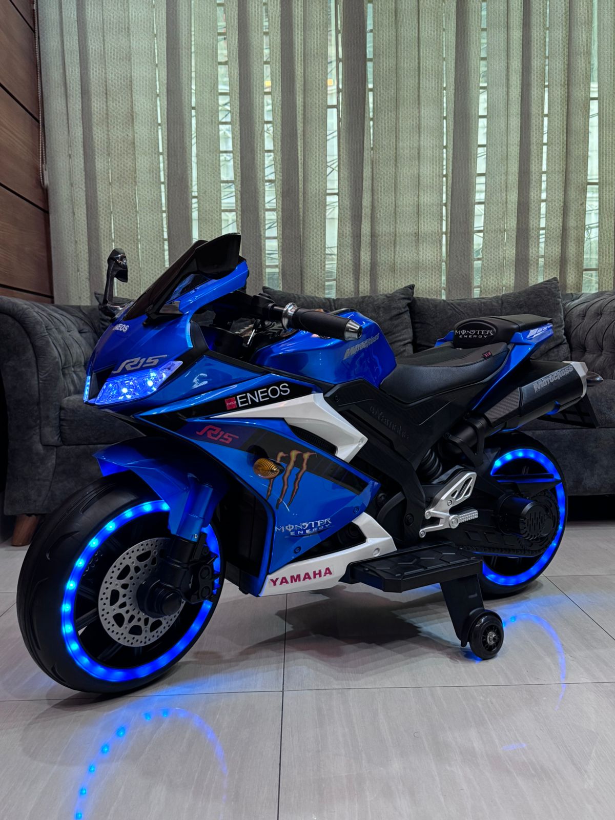 Picture of Kids Rechargeable R15 Electric Bike with Key Start, Hand Pickup, Foot Brake, Music & LED Lighting Wheels –12V Battery Powered & Double Motor Ride-On Motorcycle for Children Age 4–15 Years