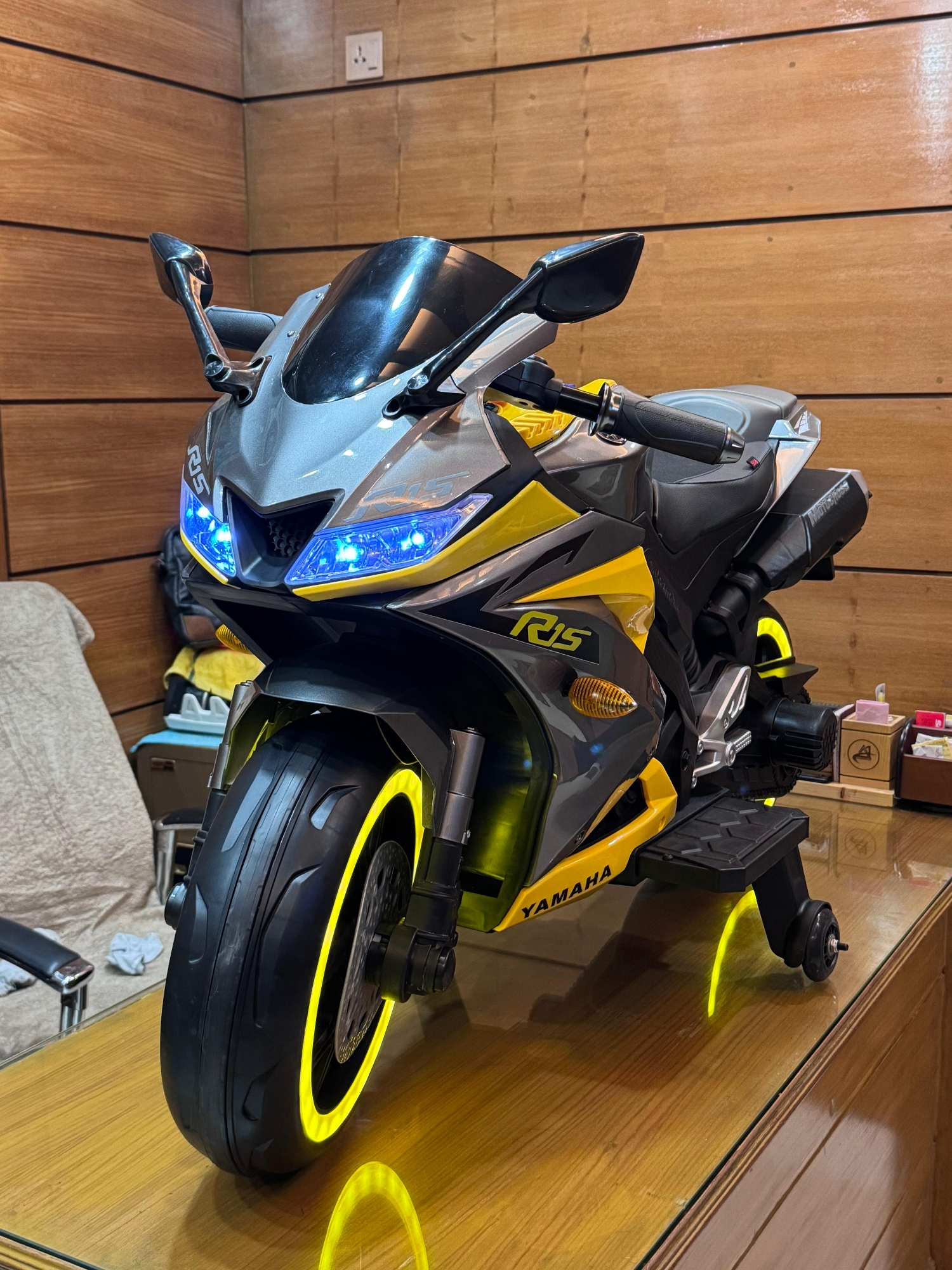 Picture of Kids Rechargeable R15 Electric Bike with Key Start, Hand Pickup, Foot Brake, Music & LED Lighting Wheels –12V Battery Powered & Double Motor Ride-On Motorcycle for Children Age 4–15 Years