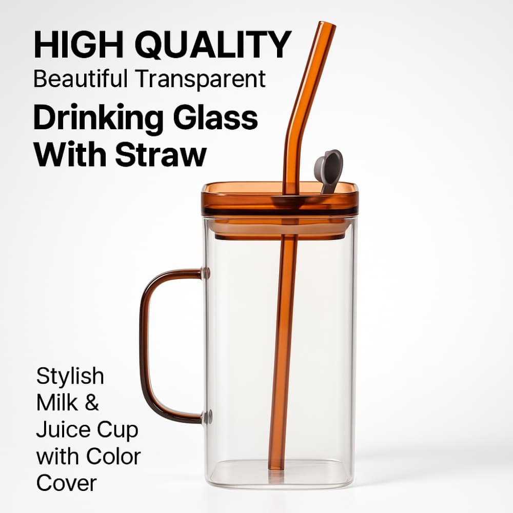 Picture of High Quality Beautiful Transparent Drinking Glass With Straw Stylish Milk & Juice Cup with Color Cover