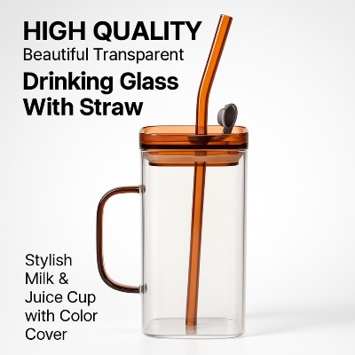 Picture of High Quality Beautiful Transparent Drinking Glass With Straw Stylish Milk & Juice Cup with Color Cover