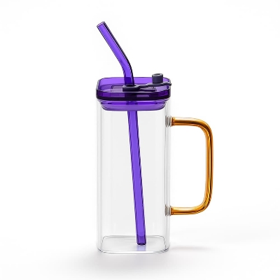 Picture of High Quality Beautiful Transparent Drinking Glass With Straw Stylish Milk & Juice Cup with Color Cover