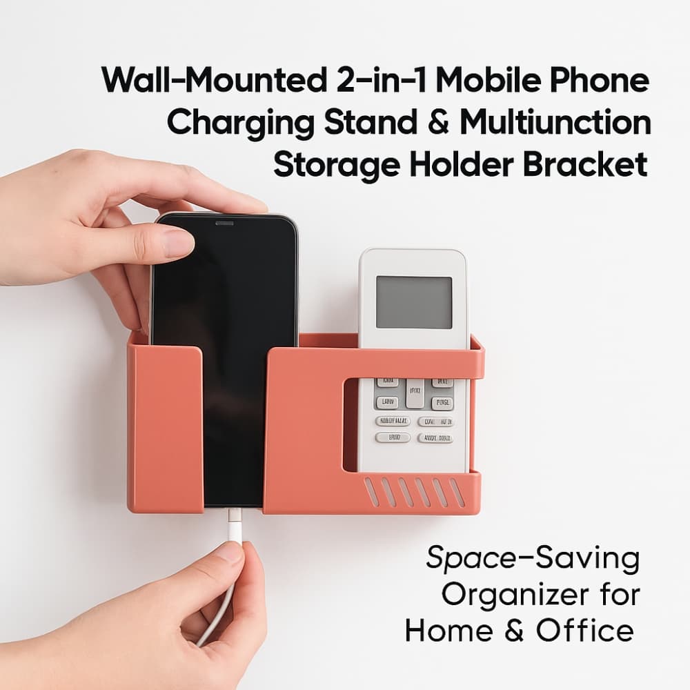 Picture of Wall-Mounted 2-in-1 Mobile Phone Charging Stand & Multifunction Storage Holder Bracket – Space-Saving Organizer for Home & Office 1pcs