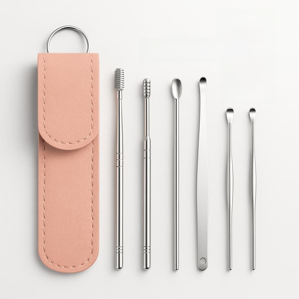 Picture of 6PCS Stainless Steel Ear Pick Set with Leather Case – Portable Earwax Cleaner Tool Kit for Safe & Hygienic Ear Care