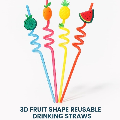 Picture of 3D Fruit Shape Reusable Drinking Straws – Cartoon Lime, Lemon, Pineapple, Watermelon Spiral Juice Pipe