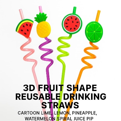 Picture of 3D Fruit Shape Reusable Drinking Straws – Cartoon Lime, Lemon, Pineapple, Watermelon Spiral Juice Pipe
