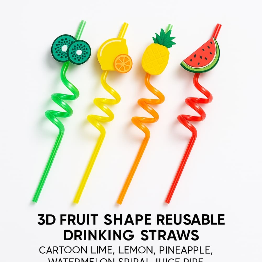 Picture of 3D Fruit Shape Reusable Drinking Straws – Cartoon Lime, Lemon, Pineapple, Watermelon Spiral Juice Pipe