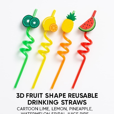Picture of 3D Fruit Shape Reusable Drinking Straws – Cartoon Lime, Lemon, Pineapple, Watermelon Spiral Juice Pipe
