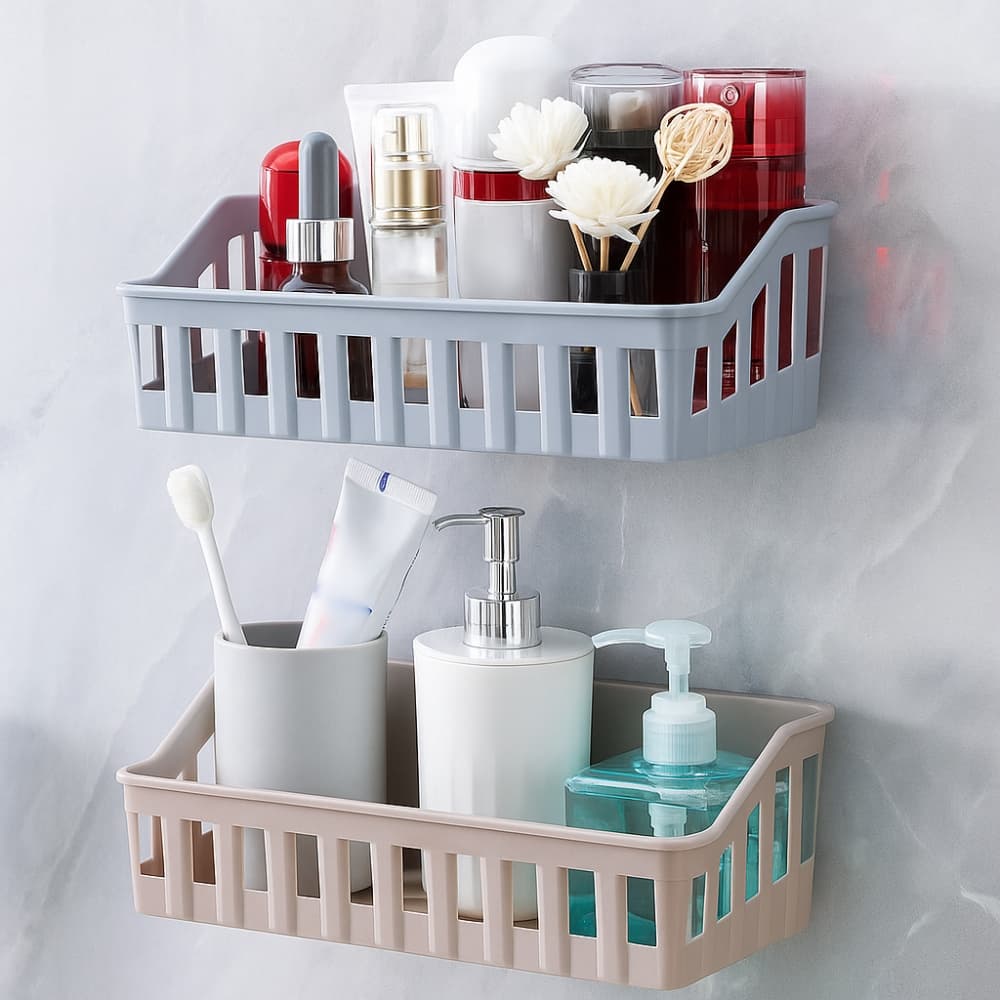 Picture of Wall Mounted Bathroom & Kitchen Storage Rack – Punch Free Shelf Organizer Basket