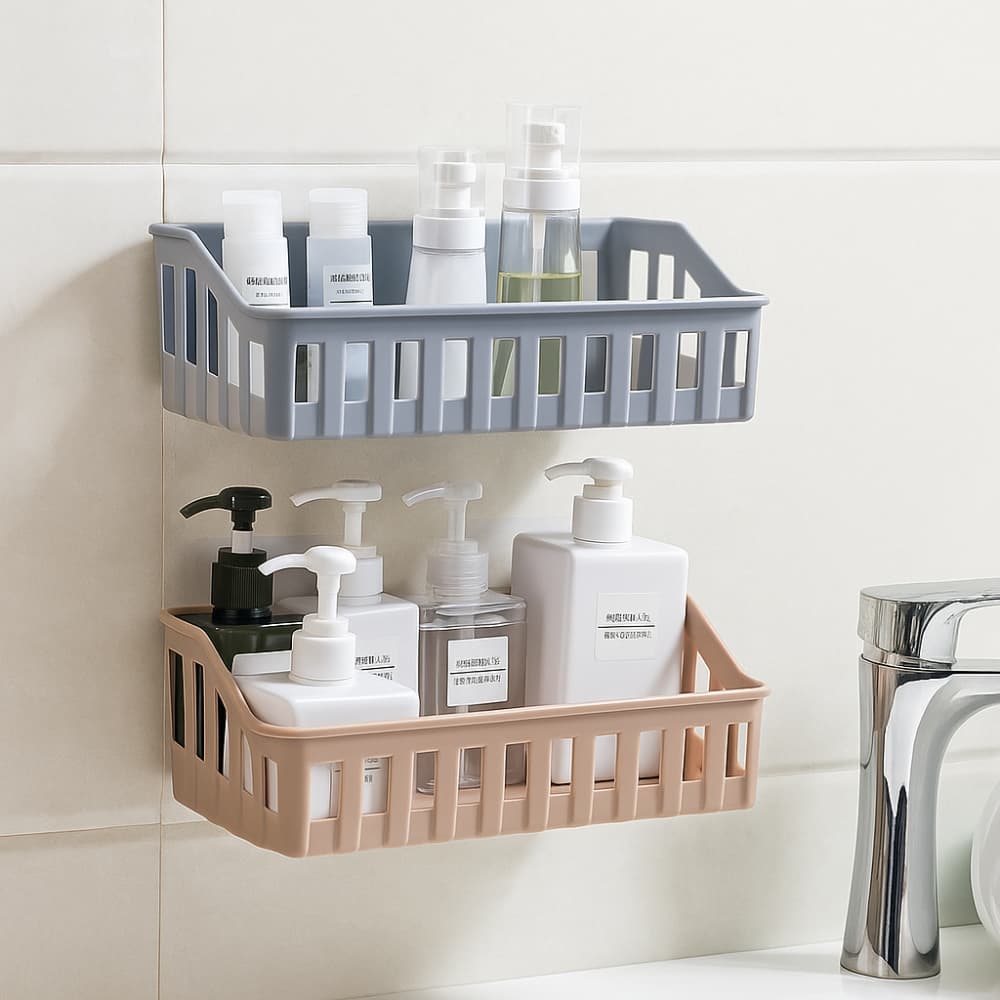 Picture of Wall Mounted Bathroom & Kitchen Storage Rack – Punch Free Shelf Organizer Basket