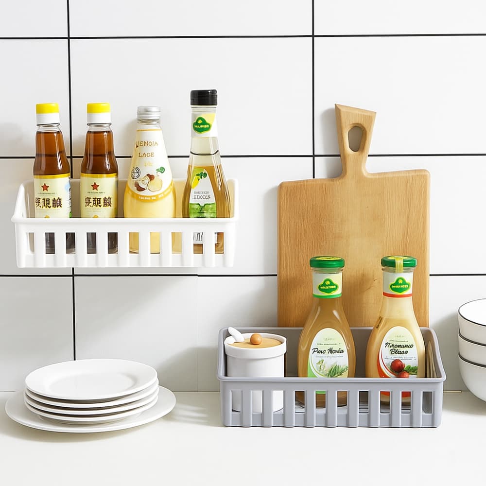 Picture of Wall Mounted Bathroom & Kitchen Storage Rack – Punch Free Shelf Organizer Basket