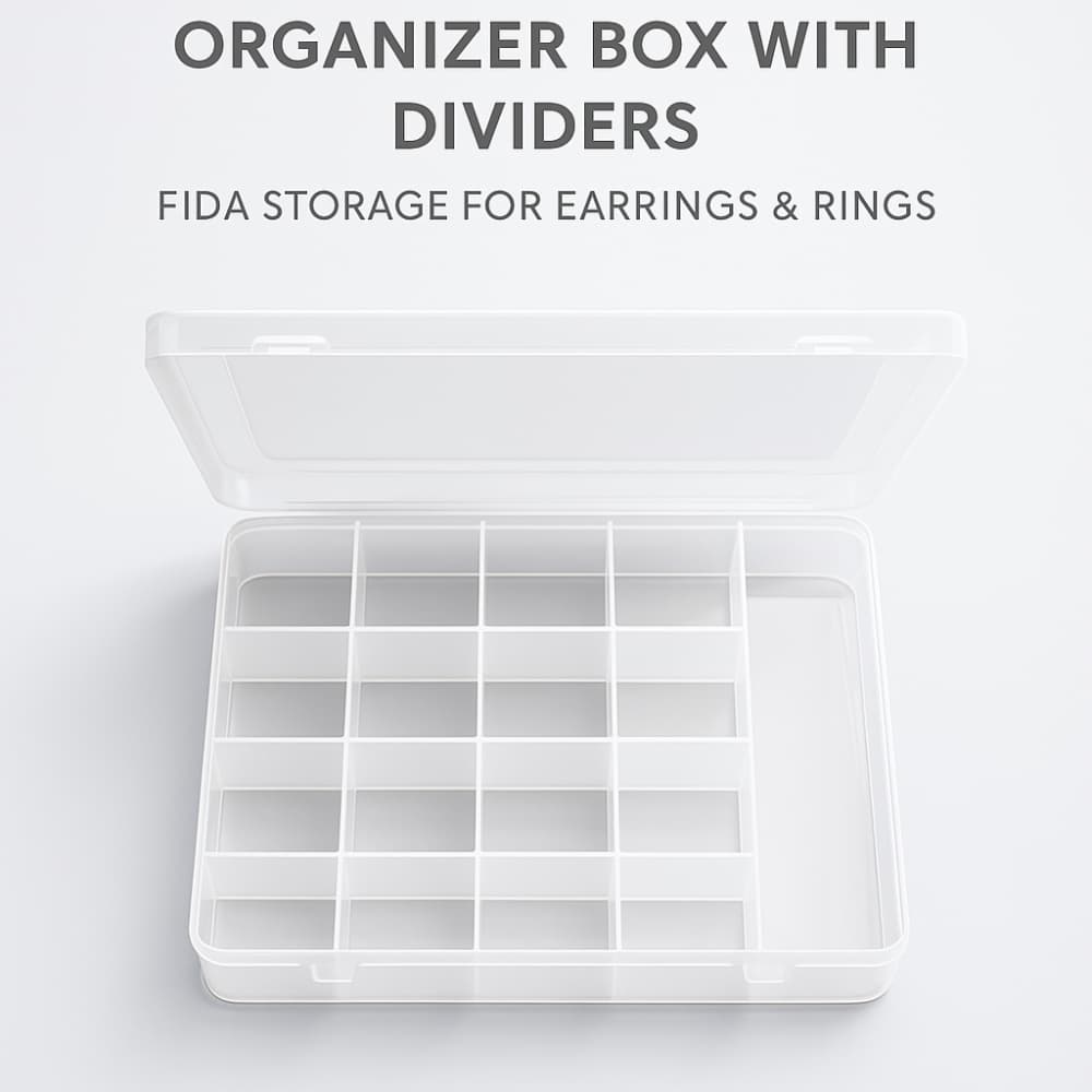 Picture of Clear Plastic Jewelry Organizer Box with Dividers – Fida Storage for Earrings & Rings
