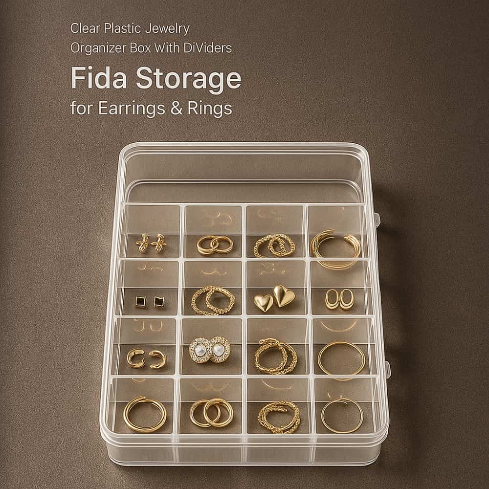 Picture of Clear Plastic Jewelry Organizer Box with Dividers – Fida Storage for Earrings & Rings