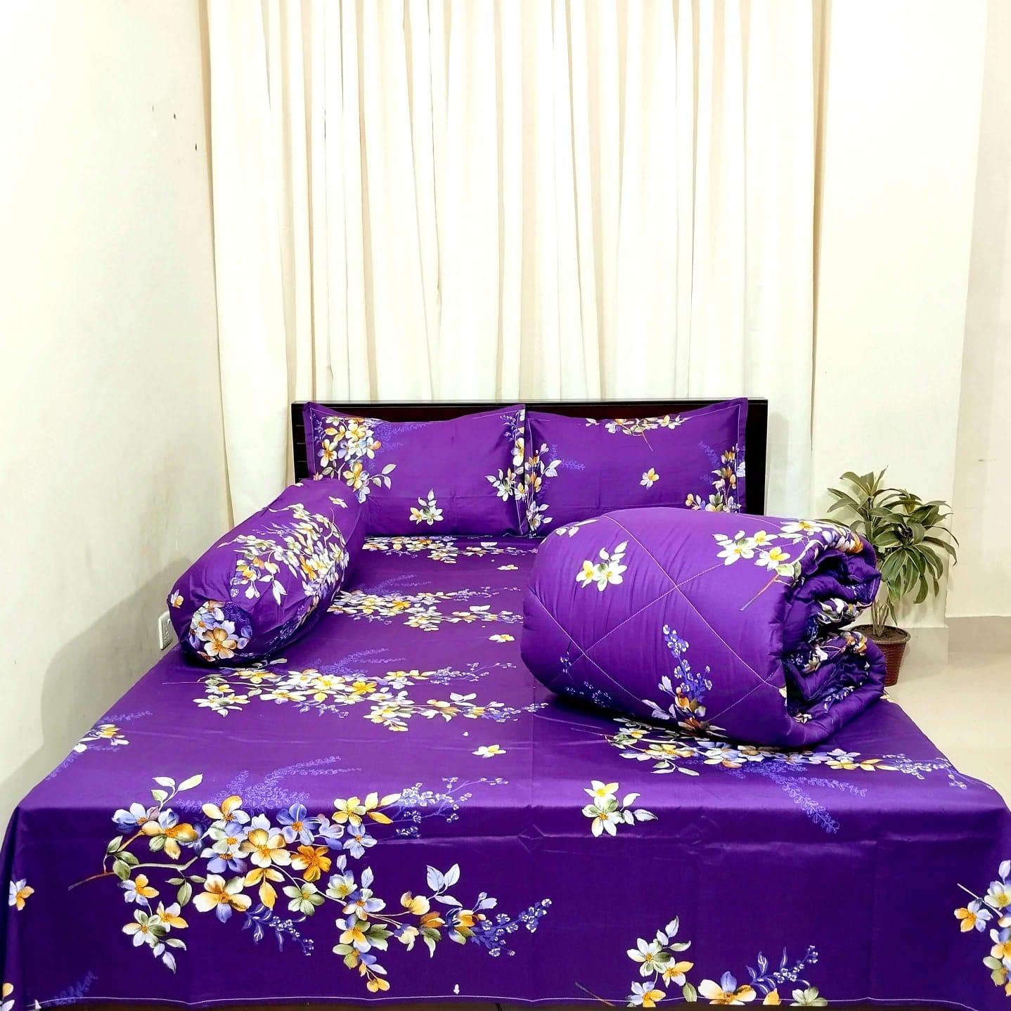 Picture of 5 Piece Premium Twill Cotton Comforter Set  (Vibrant Purple and Yellow Floral Print)