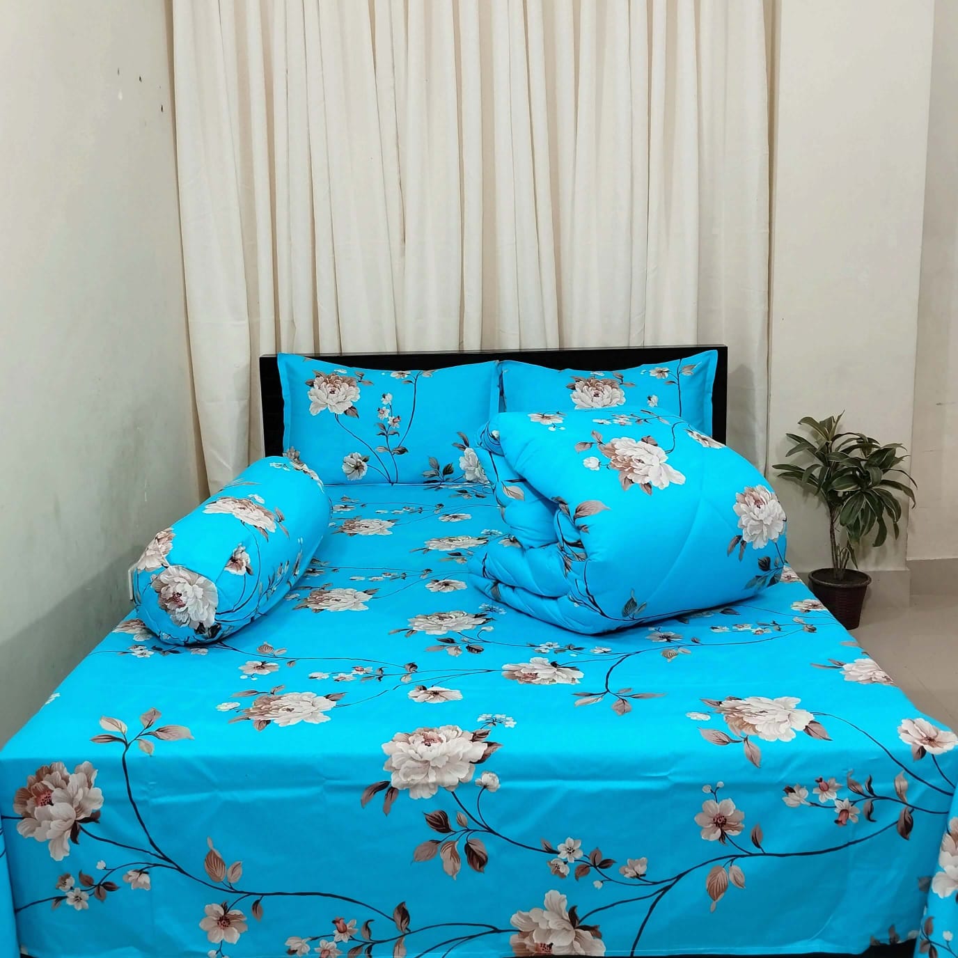 Picture of 5 Piece Premium Twill Cotton Comforter Set  (Sky Blue Print)