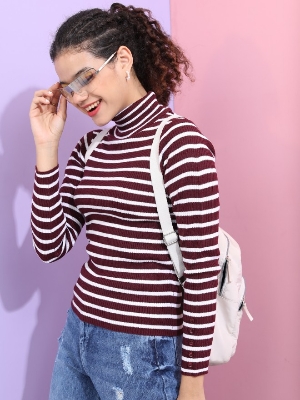 Picture of Pantoneclo Premium Quality Women's High Neck Winter Large Stripe Sweater
