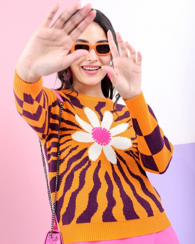 Picture of Pantoneclo Premium Women's / Girl's Flower Jacquard Round Neck Sweater / Cardigan