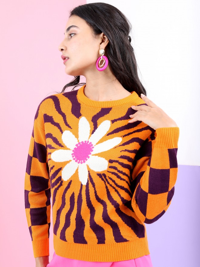 Picture of Pantoneclo Premium Women's / Girl's Flower Jacquard Round Neck Sweater / Cardigan