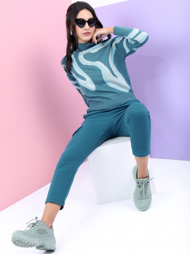 Picture of Pantoneclo Premium Women's / Girl's Teal Jacquard High Neck Pullover / Sweater / Cardigan