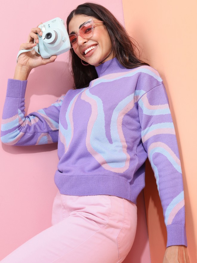 Picture of Pantoneclo Premium Women's / Girl's Teal Jacquard High Neck Pullover / Sweater / Cardigan