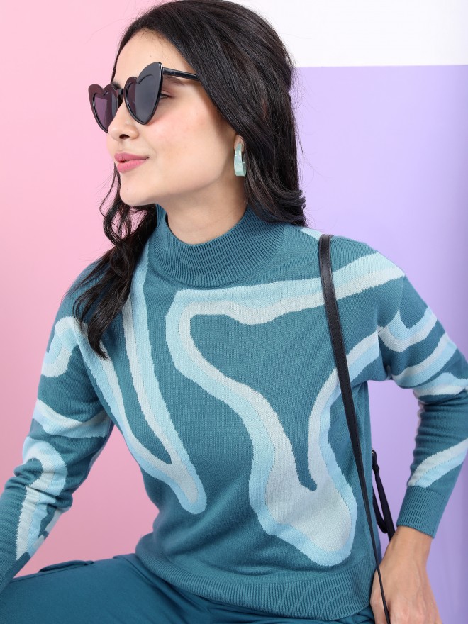 Picture of Pantoneclo Premium Women's / Girl's Teal Jacquard High Neck Pullover / Sweater / Cardigan