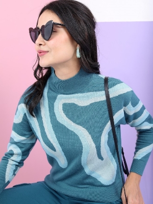 Picture of Pantoneclo Premium Women's / Girl's Teal Jacquard High Neck Pullover / Sweater / Cardigan