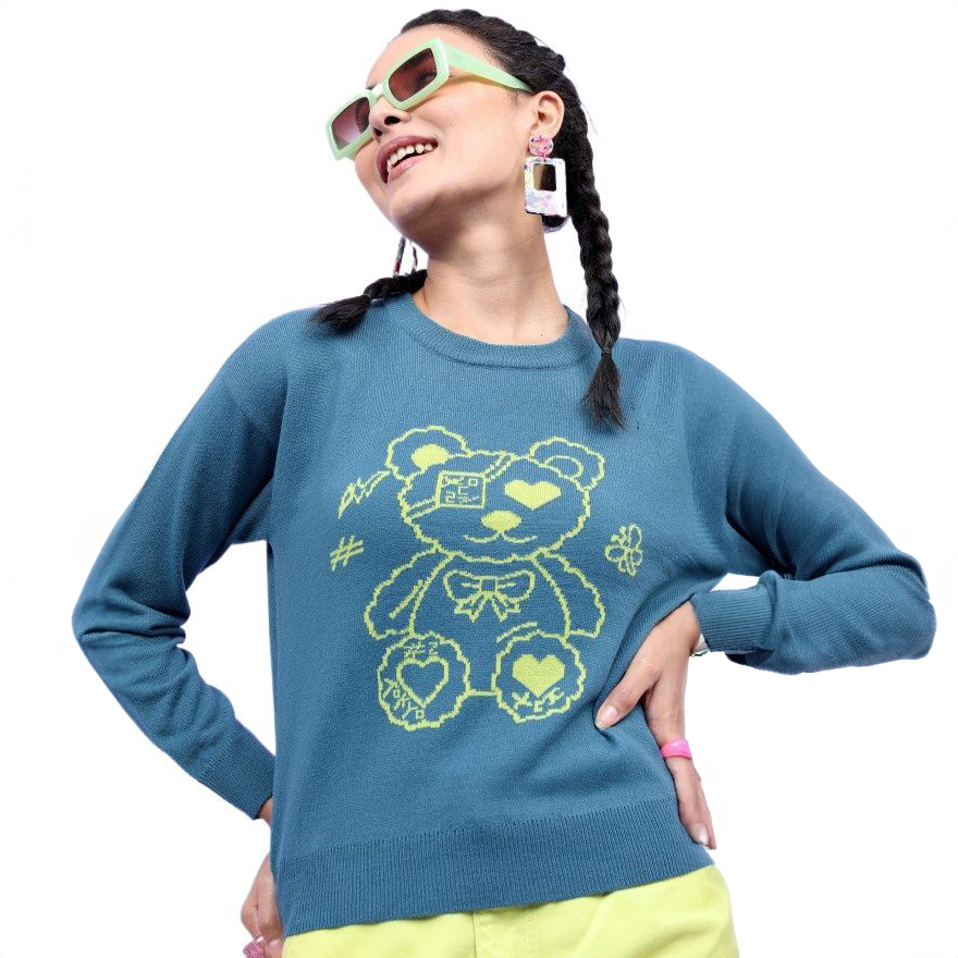 Picture of Pantoneclo Premium Women's / Girl's Teal Round Neck Long Sleeve Sweater / Cardigan / Pullover