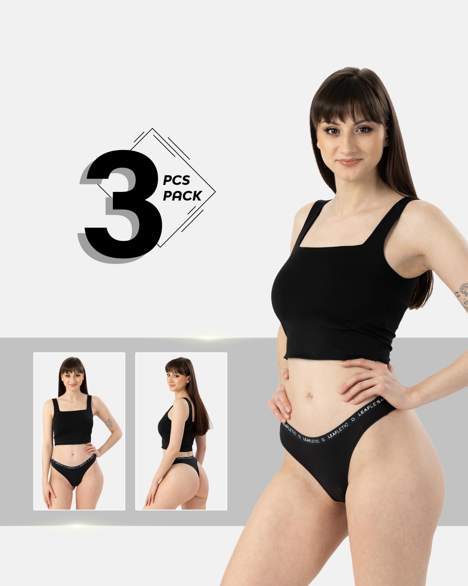 Picture of Leafletic Premium Ladies Mid-Rise Nylon Brazilian Brief Underwear - 3 Piece Black Combo