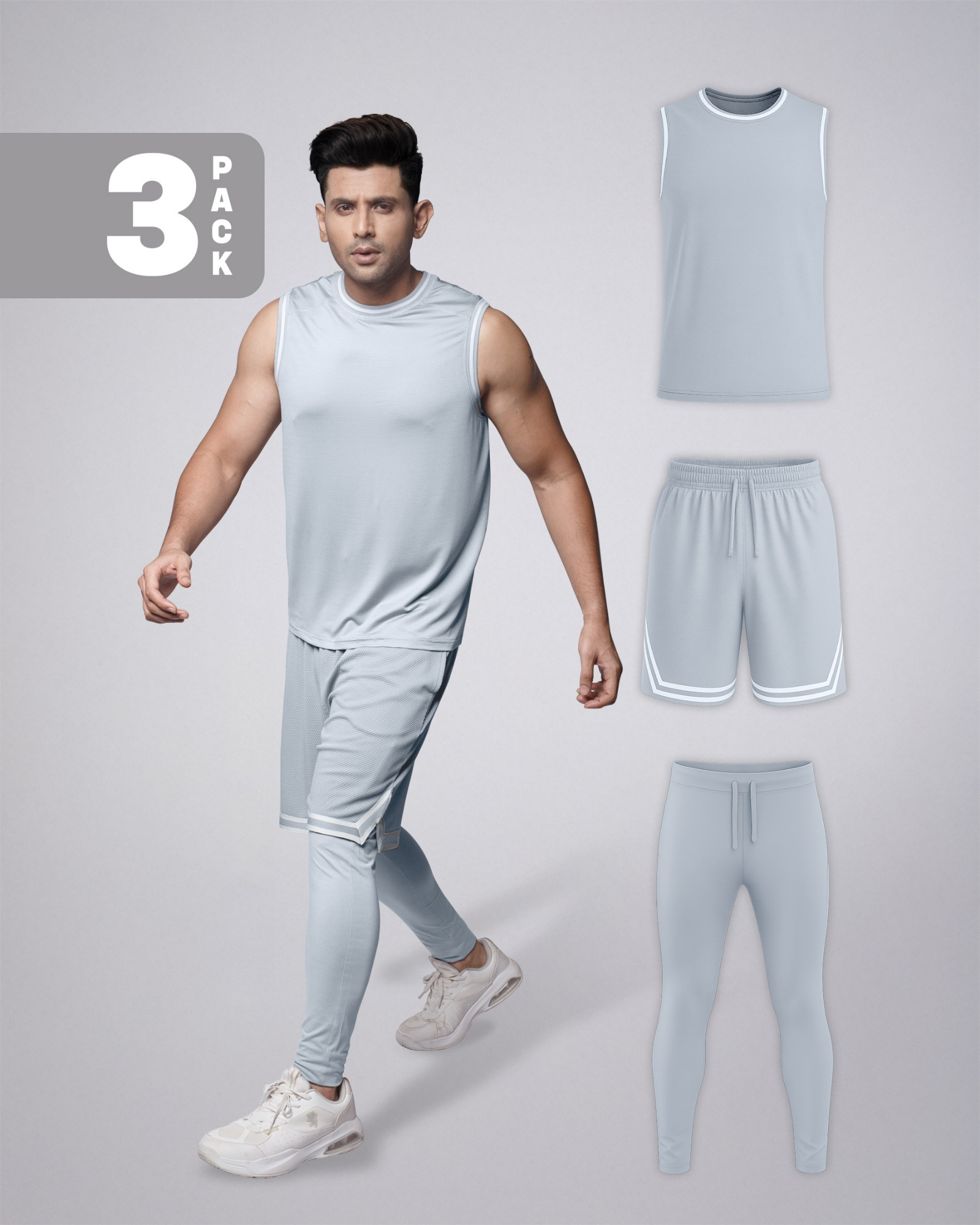 Picture of Pantoneclo Men’s Fitness Combo | Breathable Vest, Shorts and Layer Trouser for Gym Training Set | Workout and Activewear Set | Lightweight Gym Sportswear Combo | 3 Piece Pack | Sports Vest, Shorts and Training Trouser