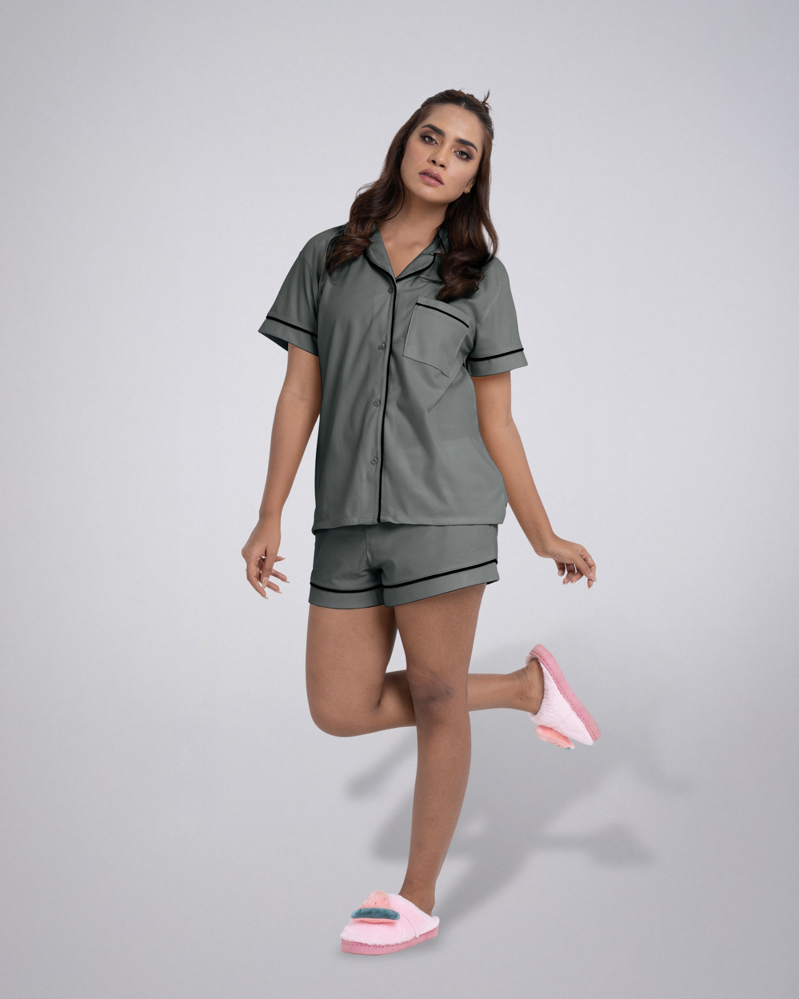 Picture of Leafletic Women's Short Nightwear Set | Short-Sleeve Button-Down Shirt & Matching Shorts | Soft & Comfortable Sleepwear | Short Pajama Loungewear | Two-Piece Night Suit