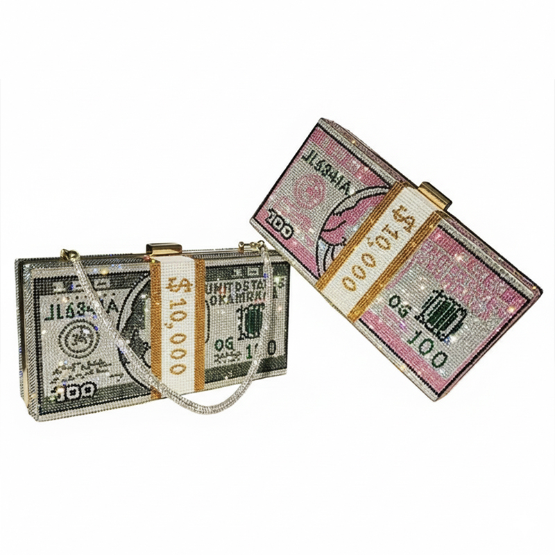 Picture of New Doller Clutch Rhinestone Purse 10,000 Dollars Stack Bags of Cash Evening Handbags Shoulder Wedding Bag