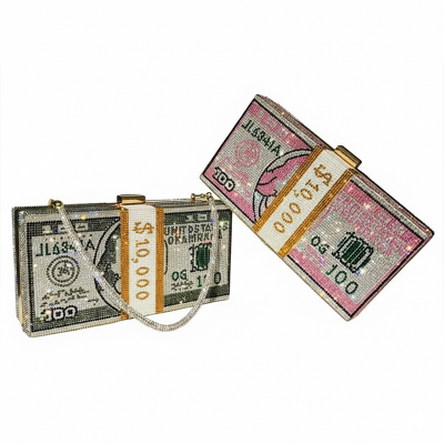 Picture of New Doller Clutch Rhinestone Purse 10,000 Dollars Stack Bags of Cash Evening Handbags Shoulder Wedding Bag