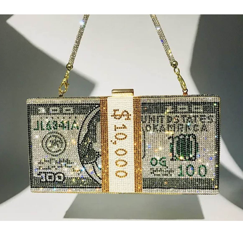 Picture of New Doller Clutch Rhinestone Purse 10,000 Dollars Stack Bags of Cash Evening Handbags Shoulder Wedding Bag