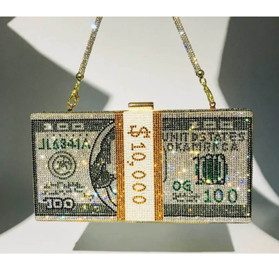 Picture of New Doller Clutch Rhinestone Purse 10,000 Dollars Stack Bags of Cash Evening Handbags Shoulder Wedding Bag