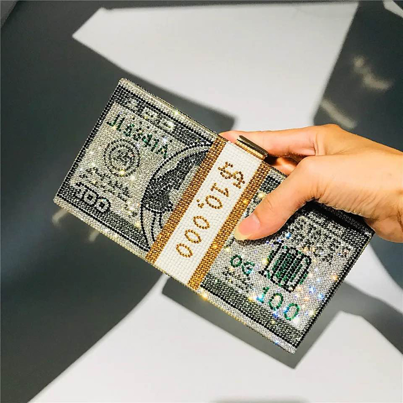 Picture of New Doller Clutch Rhinestone Purse 10,000 Dollars Stack Bags of Cash Evening Handbags Shoulder Wedding Bag