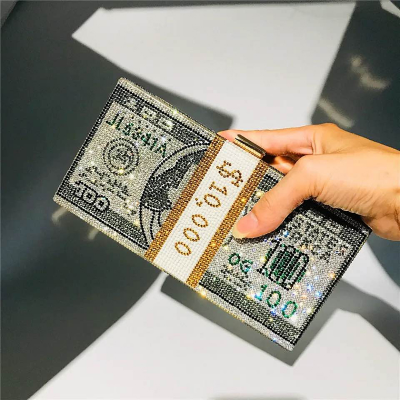 Picture of New Doller Clutch Rhinestone Purse 10,000 Dollars Stack Bags of Cash Evening Handbags Shoulder Wedding Bag