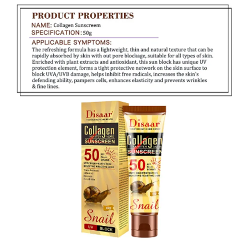 Picture of Disaar Snail Collagen Sunscreen Cream SPF50 PA+++ 50gm
