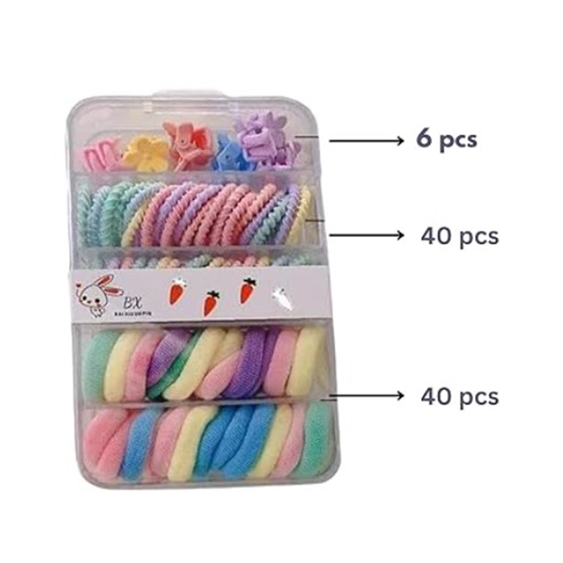 Picture of Baby Hair Rubber Bands Colorful For Thin and Thick Hair Cotton Ponytail Holders For Baby Kid Girls Hair Accessories Elastic Hair Ties Mini Claw Clips (Multicolor, Set of 86 Pcs) - With Storage Box