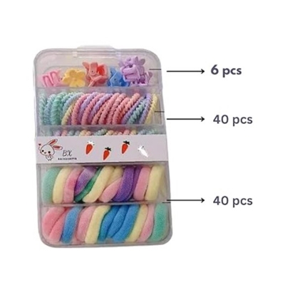 Picture of Baby Hair Rubber Bands Colorful For Thin and Thick Hair Cotton Ponytail Holders For Baby Kid Girls Hair Accessories Elastic Hair Ties Mini Claw Clips (Multicolor, Set of 86 Pcs) - With Storage Box