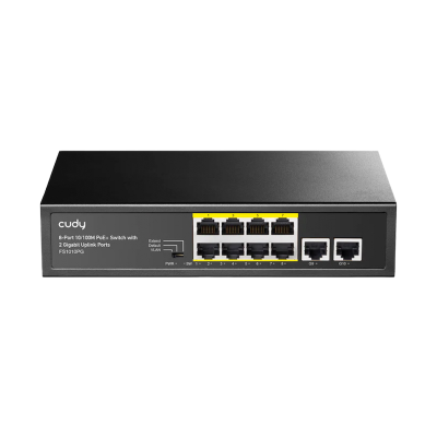 Picture of Cudy FS1010PG 8-FE PoE Switch with 2 Uplink GbE - 8× FE with 802.at/af Mode A PoE - 2× Uplink GbE - 120W Power Supply - Default/VLAN/Extend Modes - Watchdog under VLAN or Extend Modes