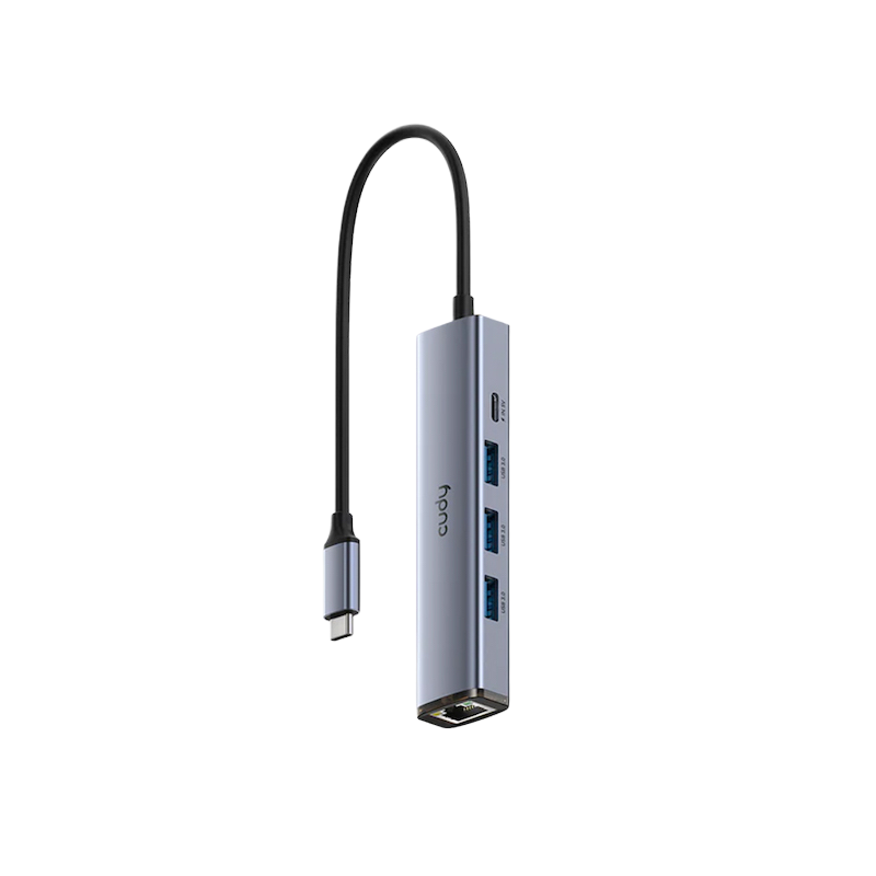 Picture of CUDY UH605 5-In-1 USB-C Hub with Gigabit Ethernet Port -  1× Upstream USB-A Male (5 Gbps) - 3× USB-A 3.2 Gen 1 (5 Gbps) - 1× Gigabit Ethernet RJ45 Port - 1× USB-C Port Receiving 5V2A DC - Plug-and-Play on Windows, Mac, Linux