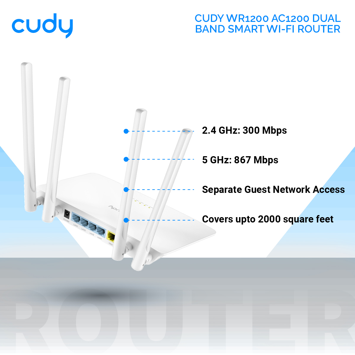 Picture of Cudy WR1200 AC1200 Dual Band Smart Wi-Fi Router - 5dBi High Gain Antennas - 867Mbps at 5GHz and 300Mbps at 2.4GHz - White