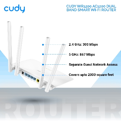 Picture of Cudy WR1200 AC1200 Dual Band Smart Wi-Fi Router - 5dBi High Gain Antennas - 867Mbps at 5GHz and 300Mbps at 2.4GHz - White