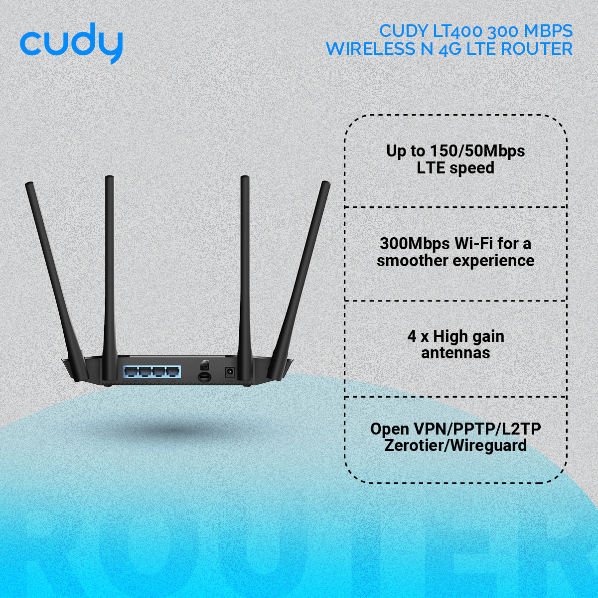 Picture of Cudy LT400 300 Mbps Wireless N 4G LTE Router - Up to 150/50Mbps LTE speed - 4 x High gain antennas - 1x SIM Slot - Black