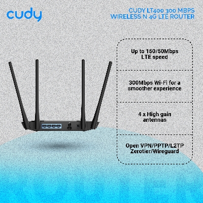 Picture of Cudy LT400 300 Mbps Wireless N 4G LTE Router - Up to 150/50Mbps LTE speed - 4 x High gain antennas - 1x SIM Slot - Black