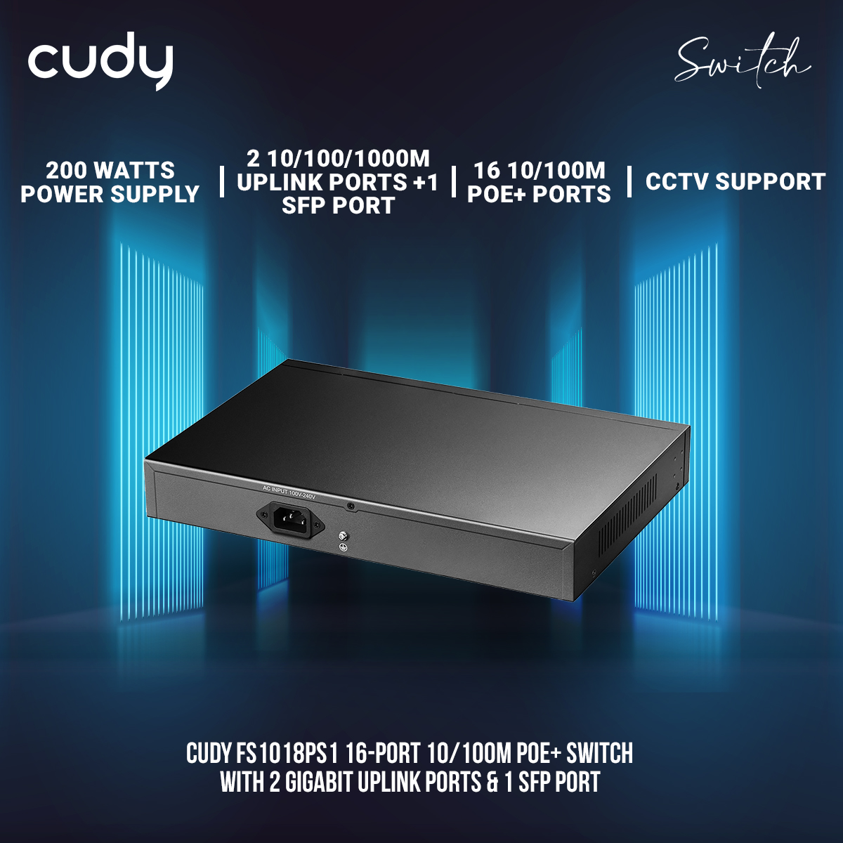 Picture of Cudy FS1018PS1 16-Port 10/100M PoE+ Switch with 2 Gigabit Uplink Ports & 1 SFP Port