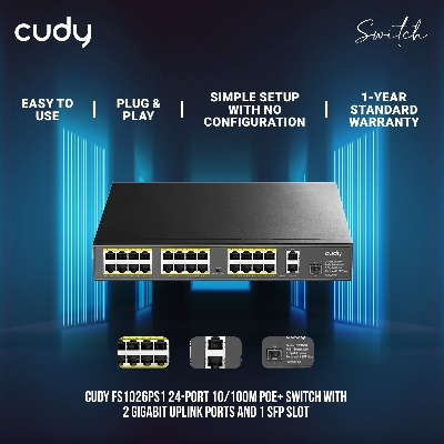 Picture of Cudy FS1026PS1 24-Port 10/100M PoE+ Switch with 2 Gigabit Uplink Ports and 1 SFP Slot